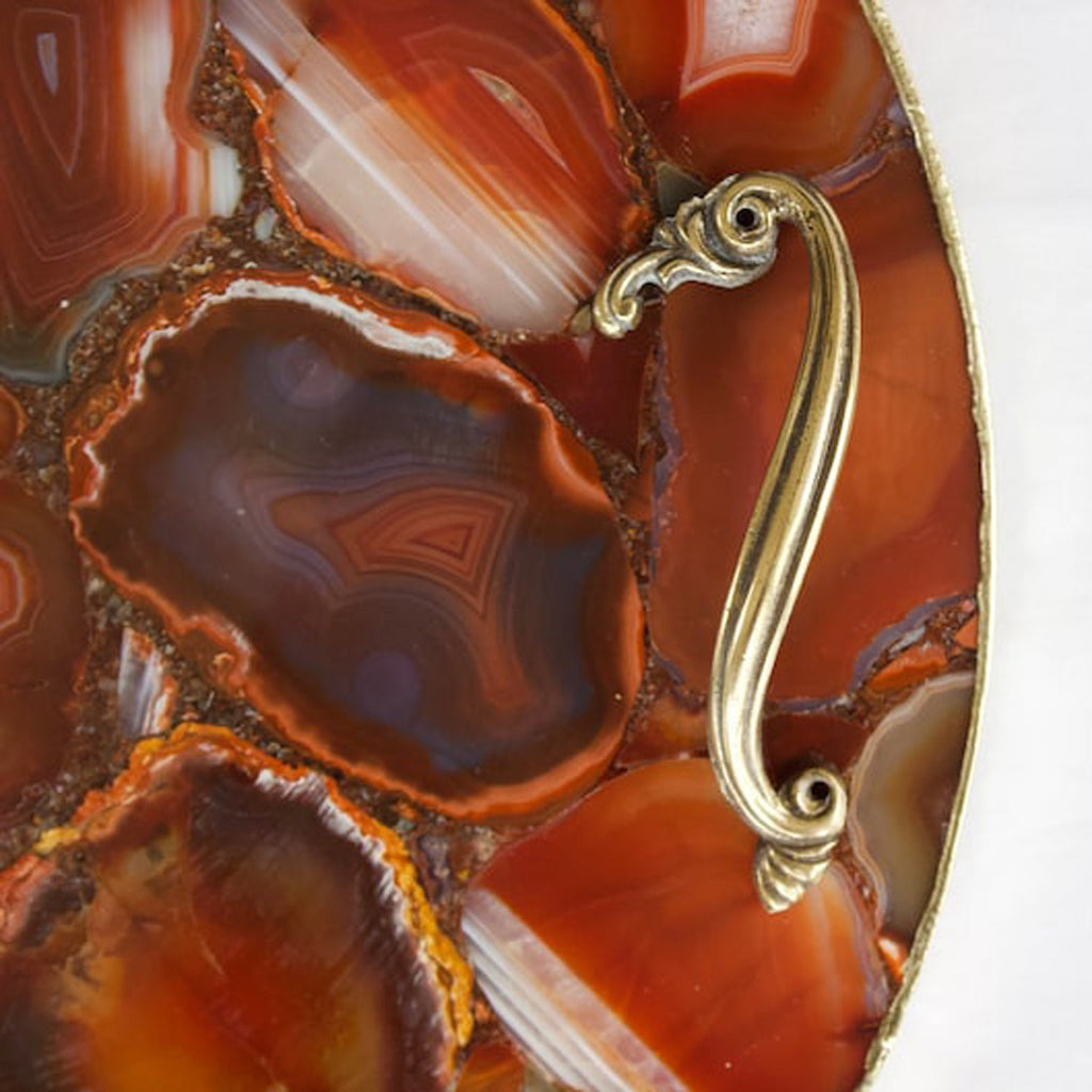Red Agate Serving Tray With Brass Handles | Circular