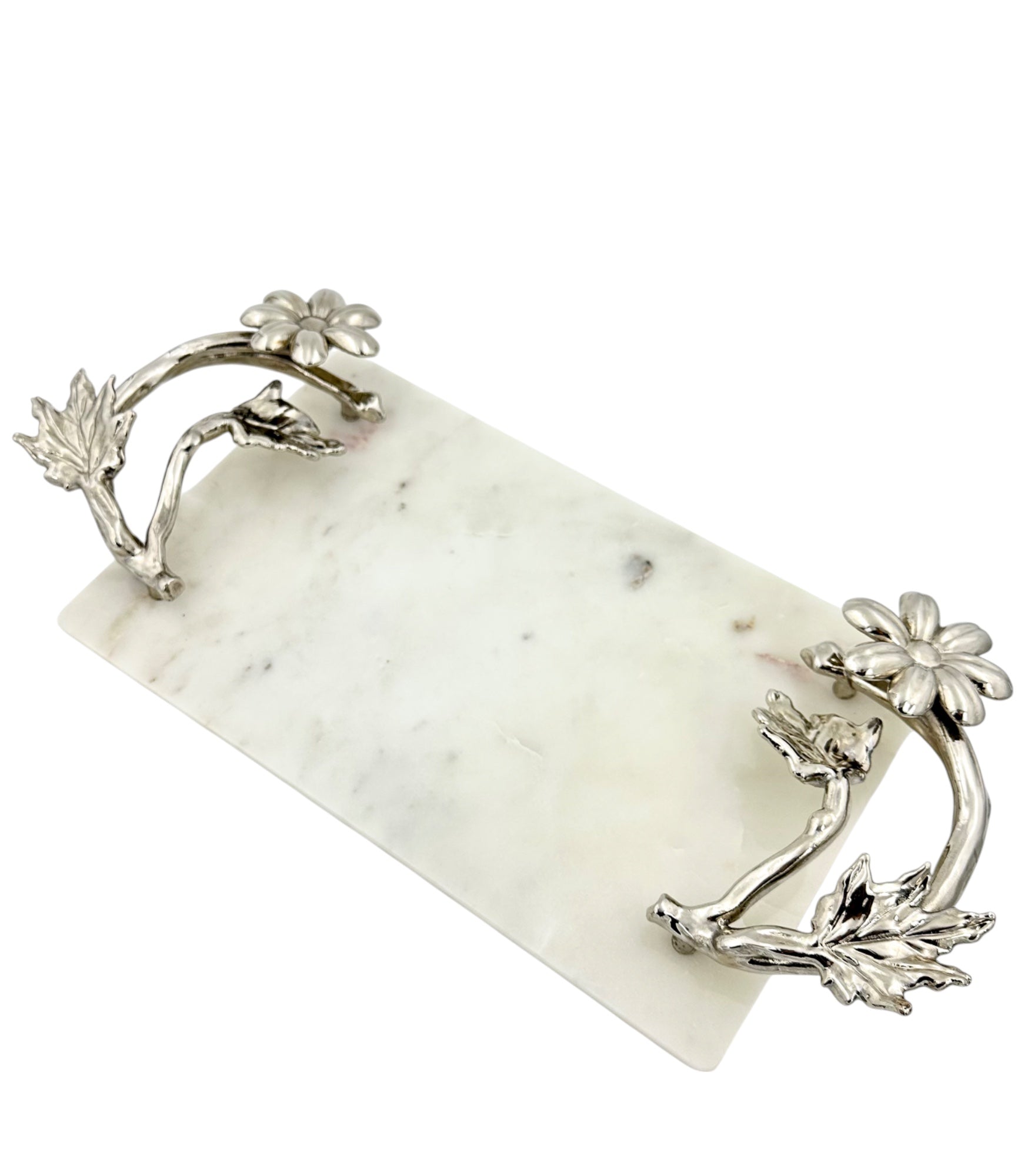 White Marble Tray with Gilded Floral Handles
